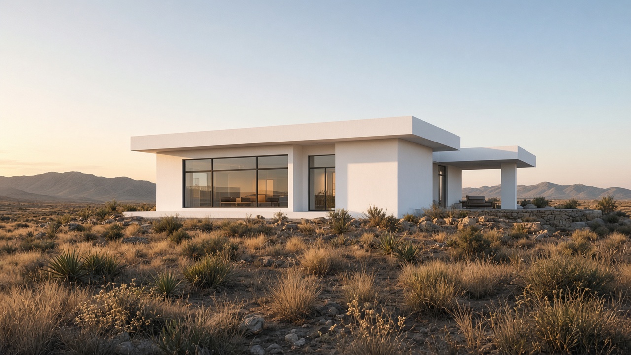 White modern house with a flat roof and desert landscaping