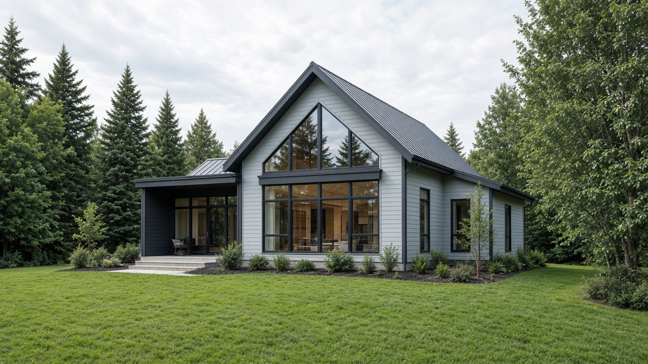 Blue-gray contemporary house with a gabled roof and lawn