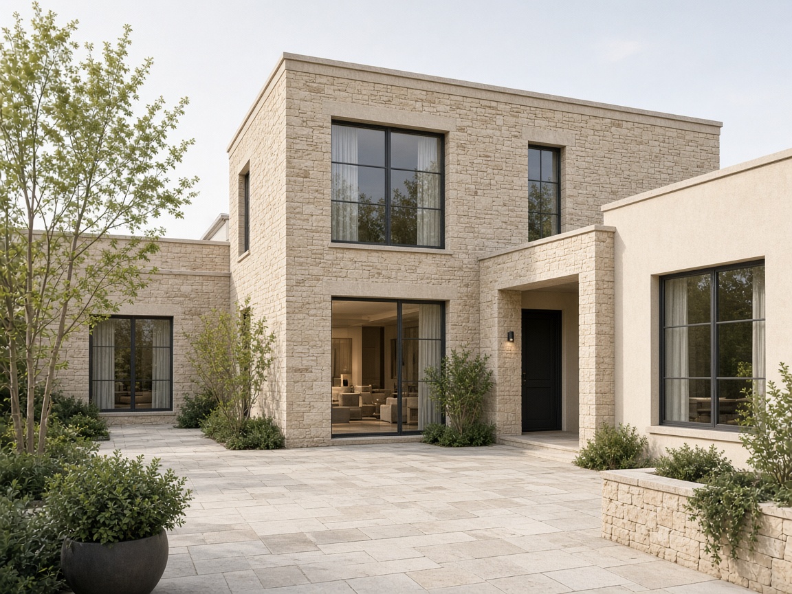 Contemporary home with a pale stone facade and large windows