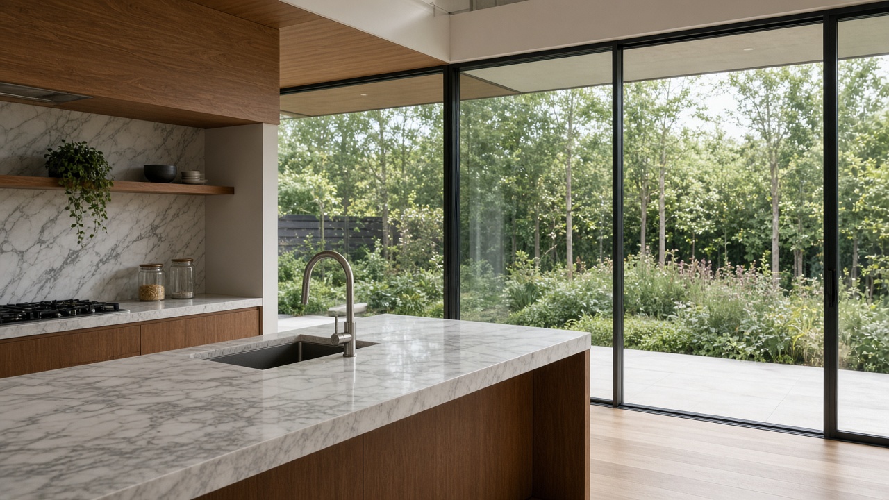 Bright modern kitchen with marble and wood cabinetry